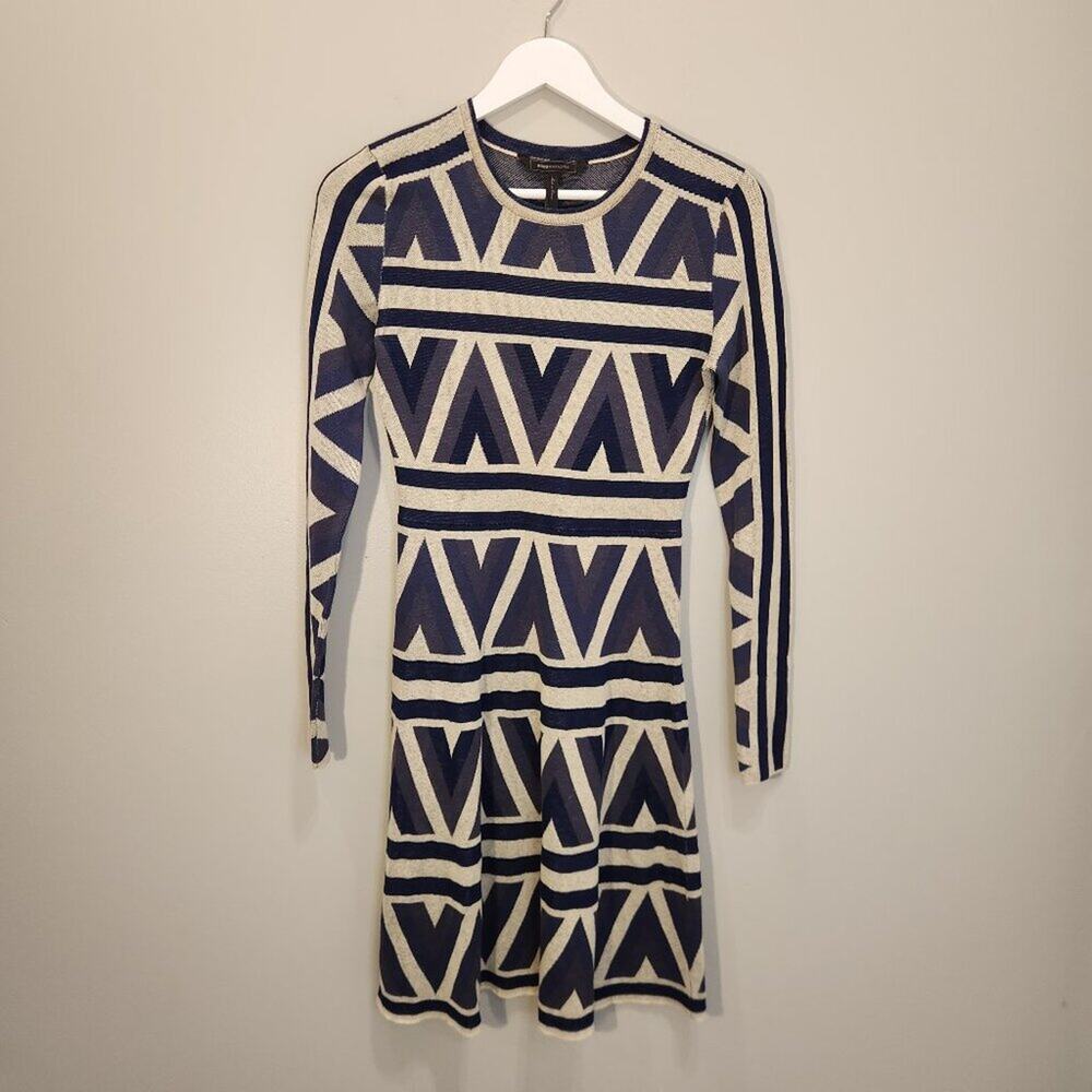 BCBGMaxAzria Sweater Dress Slate Combo Malina Zigzag Western Tribal - Size XS
